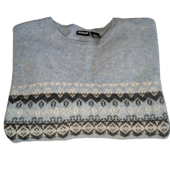 Vintage Indeed Fair Isle Shetland Wool Sweater Baby Blue Nordic Pullover Women L - Picture 8 of 8